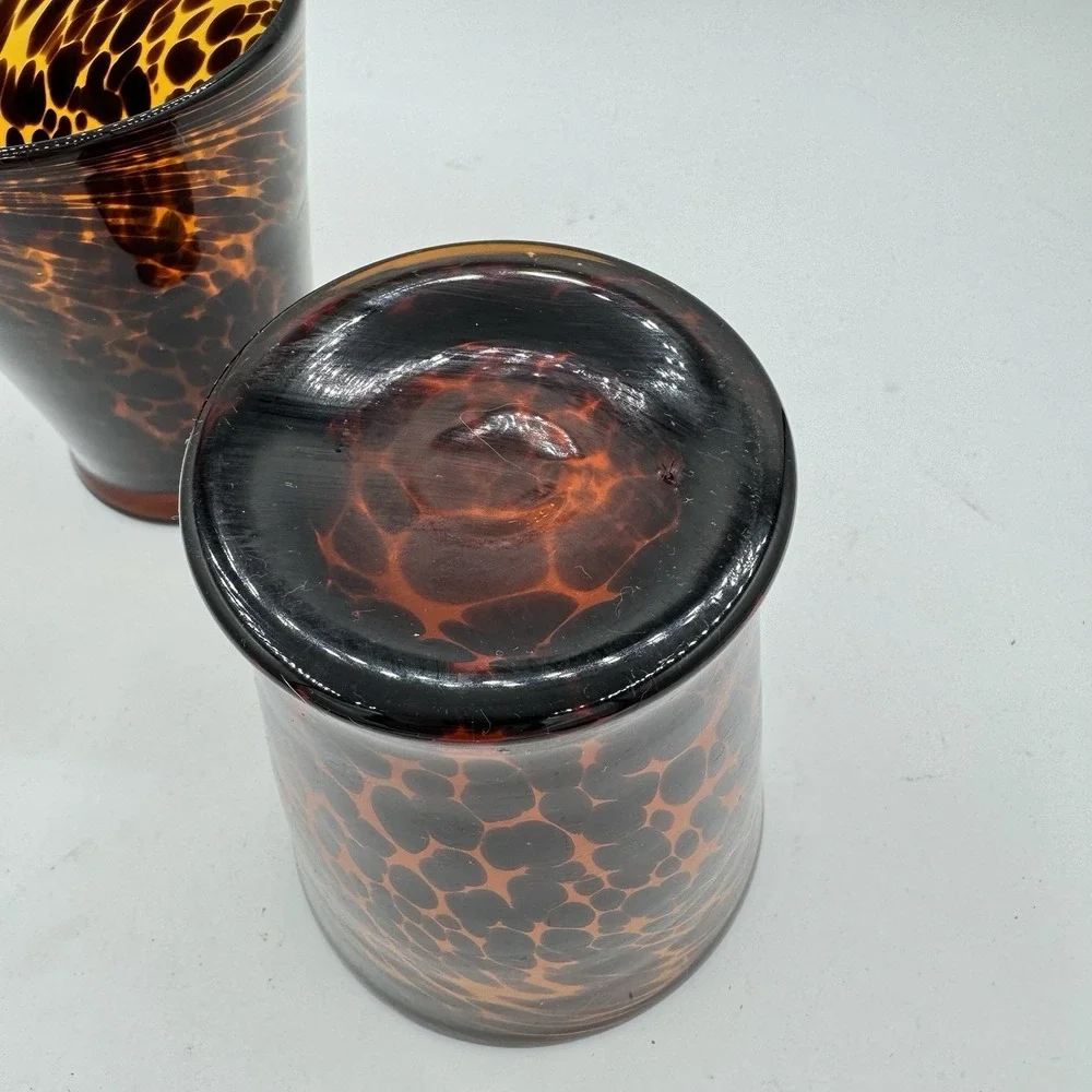 Tortoise Shell Glass Tumblers Set of 2 Hand‎ Blown Heavy Vintage Barware Art